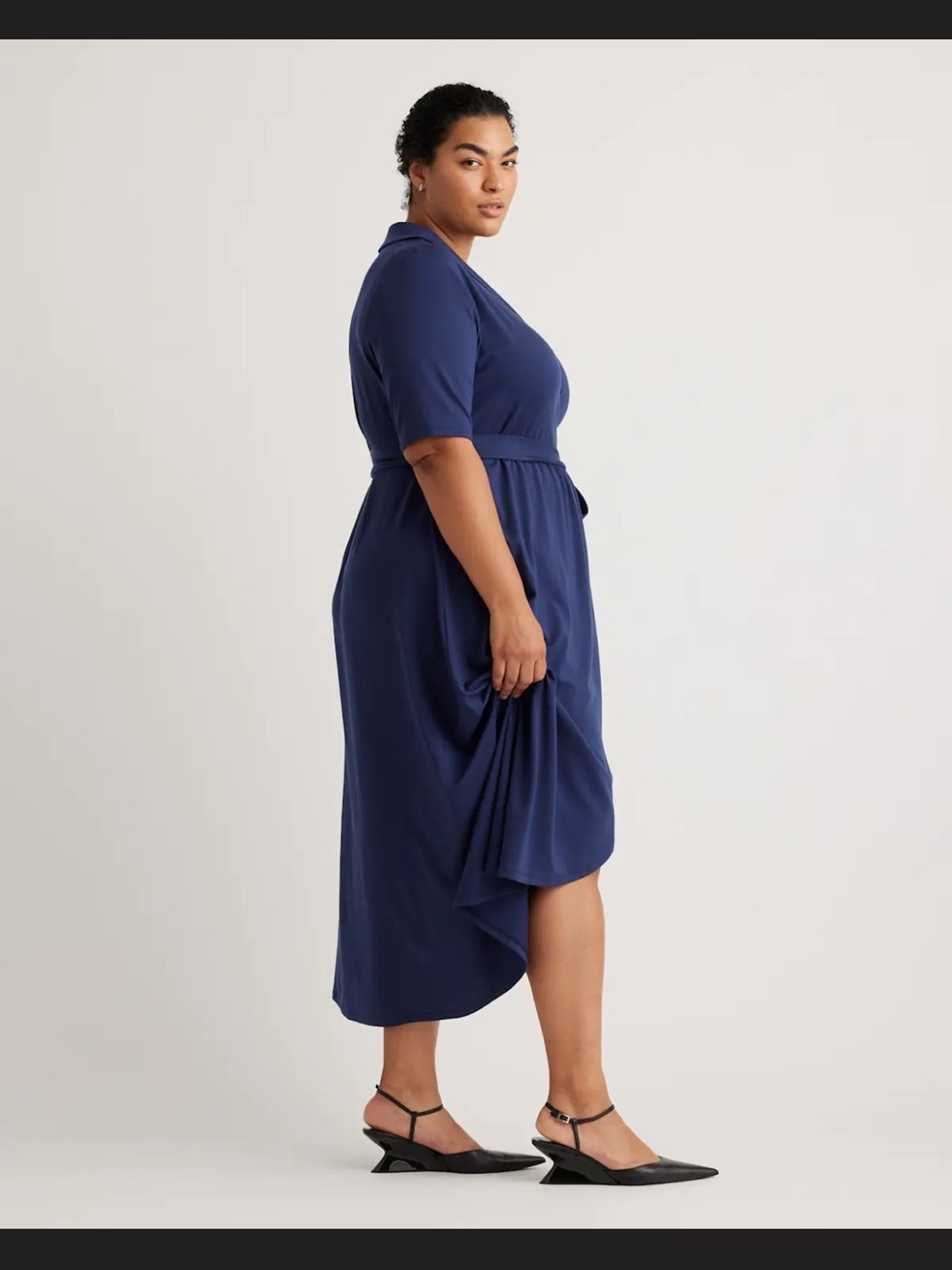 Quince Deep Navy Wrap High-Low Midi Dress with Tie Waist - Picture 3 of 7